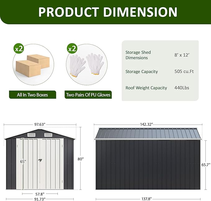 8x12 FT Outdoor Storage Shed, Metal Garden Tool Shed with Updated Frame Structure and Lockable Doors, Ideal for Backyard Garden Patio Lawn, Grey