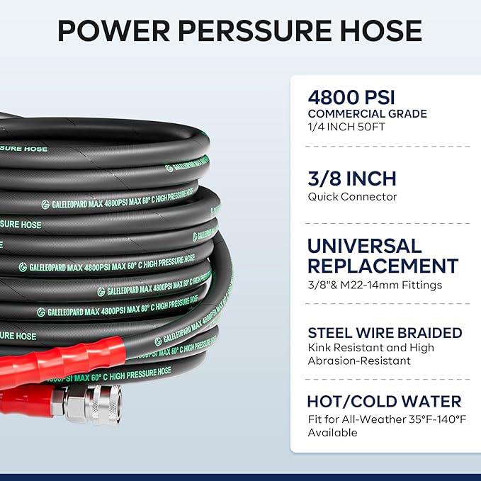 3/8" Pressure Washer Hose 50FT 4800PSI, with M22 14 mm to 3/8 Inch Quick Connect, Kink Resistant Industry Grade Steel Wire Braided Synthetic Rubber Jacket with 2 M22 14mm Adapter Set