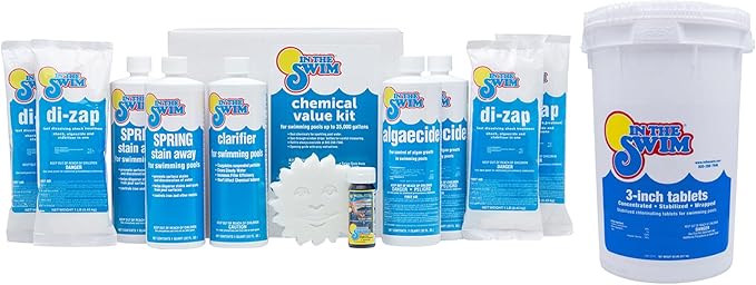 In The Swim Super Chemical Value Kit and Chlorine Bundle - Pre-Measured Kit for Seasonal Maintenance - 50lb Bucket 3-Inch Chlorine Tablets - Inground and Above Ground Pools Up to 35K Gallons
