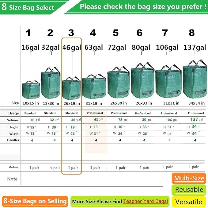 Standard 3-Pack 46 Gallon Yard Garden Bags (D26, H19 inch) with Garden Gloves, Leaf Bags,Yard Waste Bags,Recycling Bag,Camping Waste Bin,Laundry Bag,Lawn Debris,Grass Clippings,Weeds Barrel 4 Handles