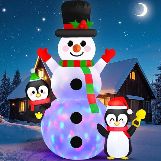Danxilu 6 FT Christmas Inflatable Outdoor Decoration, Snowman with Penguins Built-in Rotating Colorful LED Lights, Christmas Inflatables Blow Ups Yard Decor for Garden Lawn Xmas Holiday Party