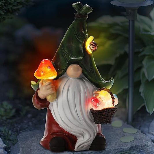 Gnome Solar Garden Statue with 3 LED Lights, Mushroom-Picking Gnome Statue Outdoor Decor for Patio, Yard, Balcony, Lawn Ornament, Unique Gift for Mom