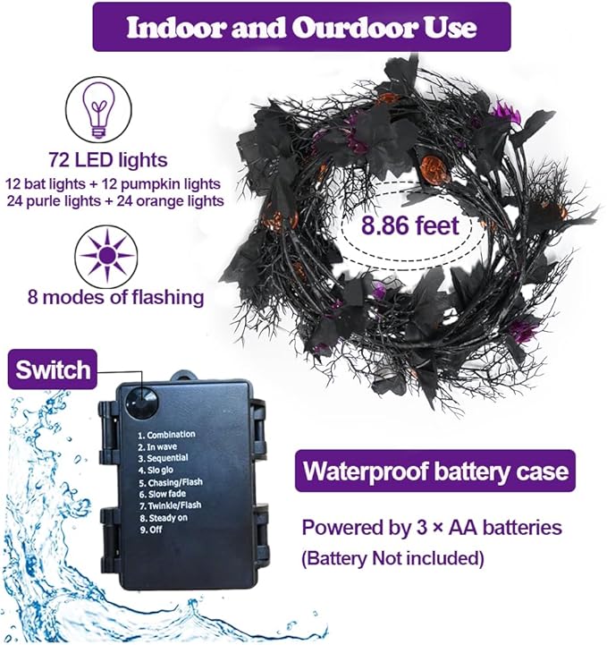 Halloween Decor Lights 8.86FT 72 LED Willow Vine Twig with Timer Battery Operated Garland Lights with Orange Pumpkins Purple Bats and Black Dead Branches Indoor Halloween Decorations for Home