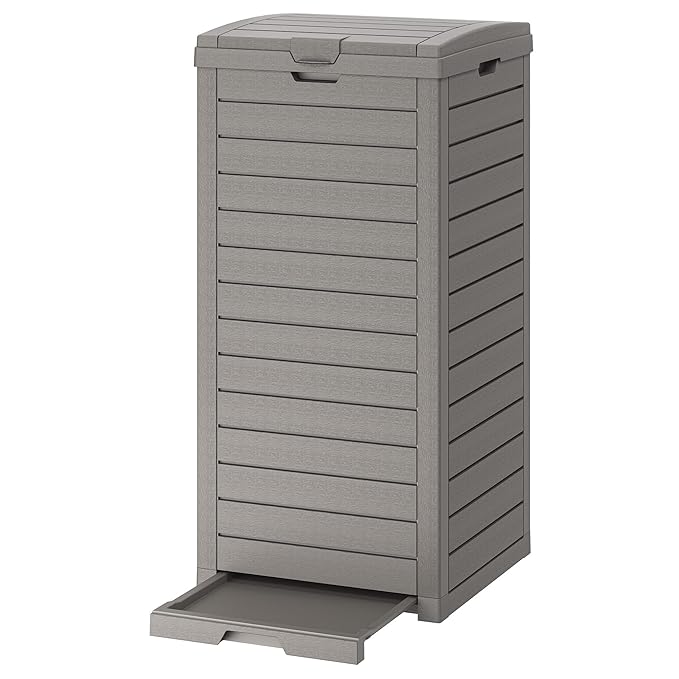 31 Gallon Outdoor Trash Can, Waterproof Resin Garbage Can with Lid and Drip Tray Easy Cleaning Kitchen Waste Bin Patio Waste Bin for Garden, Backyard, Deck and Office, Gray