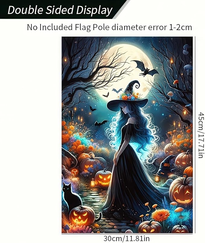 Halloween Witch Garden Flags,Witch Best Friend Black Cat Halloween Yard Flag,Holiday Patio Yard Outdoor Party Decor 12x18 Inch Double Sided