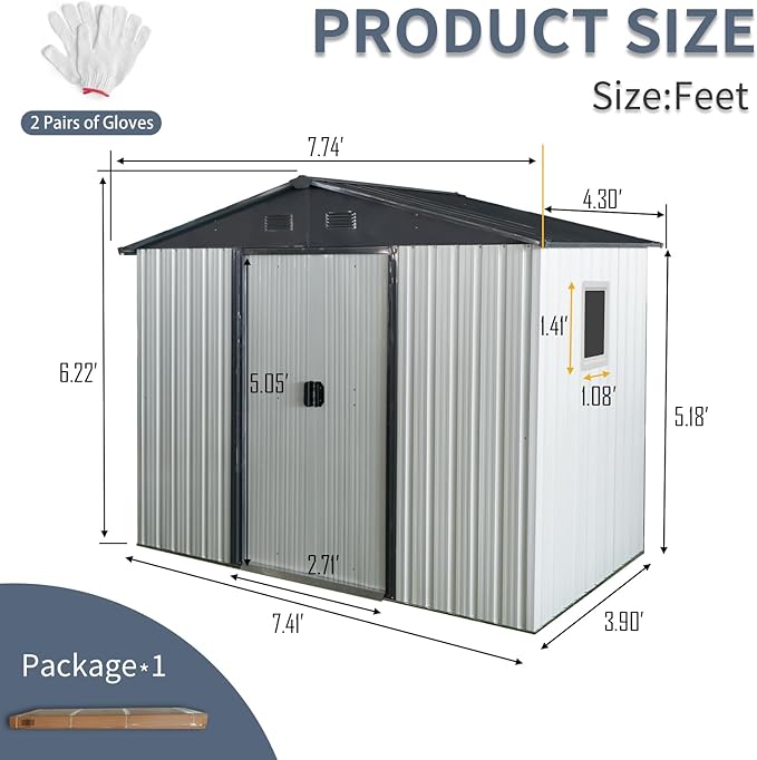8x4 ft Outdoor Metal Storage Shed with Floor Foundation and Window, Lockable Galvanized Steel Tool Shed with Sliding Door and Air Vent, Waterproof Garden Storage House for Backyard, Patio