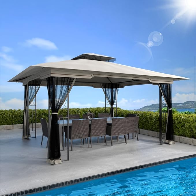 11x13 Outdoor Patio Gazebo with Mosquito Netting and Corner Frame Screen Wall, Double Roofs Metal Frame Party Canopy Tent Shelter for Backyard Garden Deck - Tan