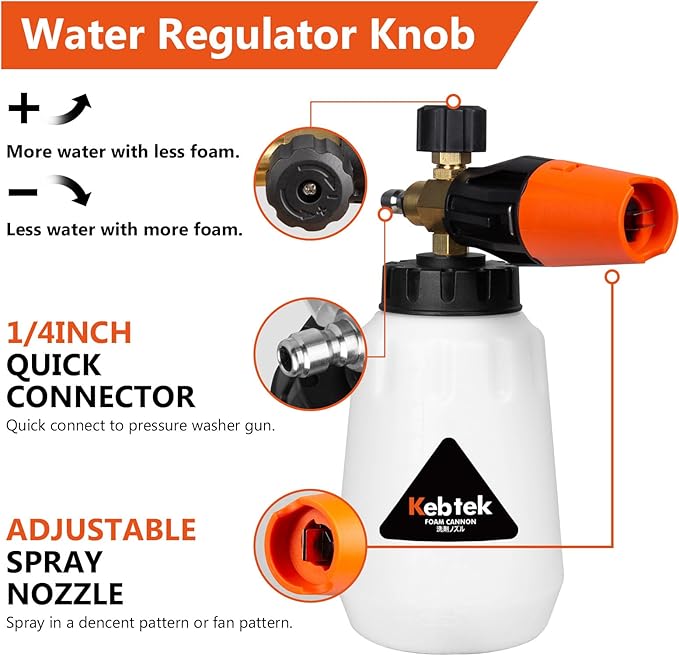 Kebtek Foam Cannon with Pressure Washer Gun 5200 PSI, Car Wash Foam Gun with Pressure Washer Quick Connect Kit and 5 Nozzle Tips, M22 and 1/4 Inch Quick Connect, 1Liter
