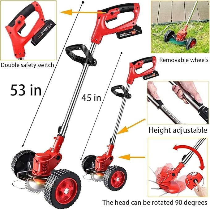 Electric Weed Wacker 21V Electric Weed Cordless Eater with 2pcs Batteries and 3 Types Blades&Auxiliary Wheel Weed Trimmer Lightweight 3 in 1 Stringless Grass Trimmer Edger/Brush Cutter for Lawn
