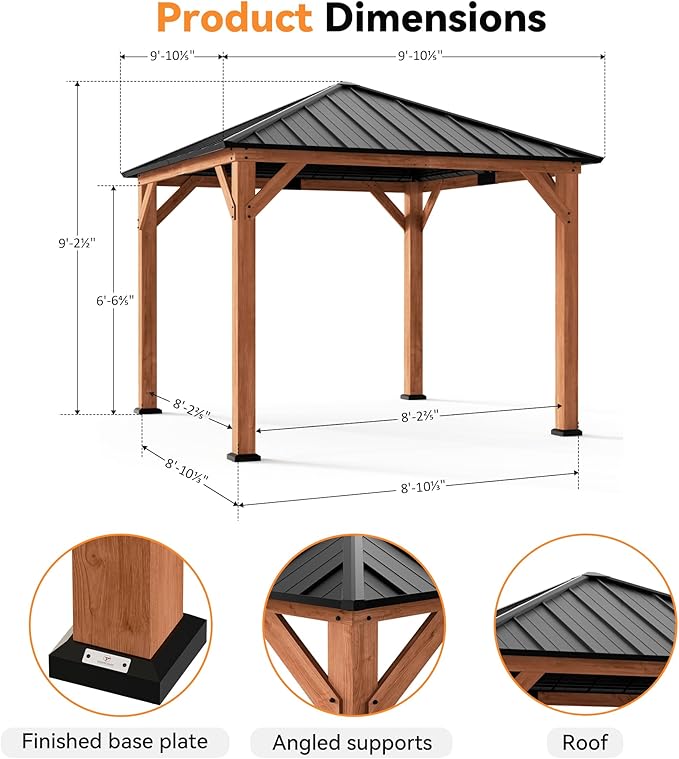 Modern Shade Tranquil Grove Wood Gazebo 10' x 10', Permanent Grill Gazebo with Galvanized Steel Hardtop Roof, Cedar Framed Wooden Pavilion for Garden, Backyard