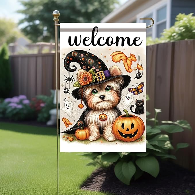 Halloween Garden Flag Yorkshire Terrier Flag 12x18 Inch Welcome Dog Pumpkin Yard Banner Double Sided Outdoor House Decor with Ghosts Black Cat for Fall Lawn Holiday Seasonal Decoration
