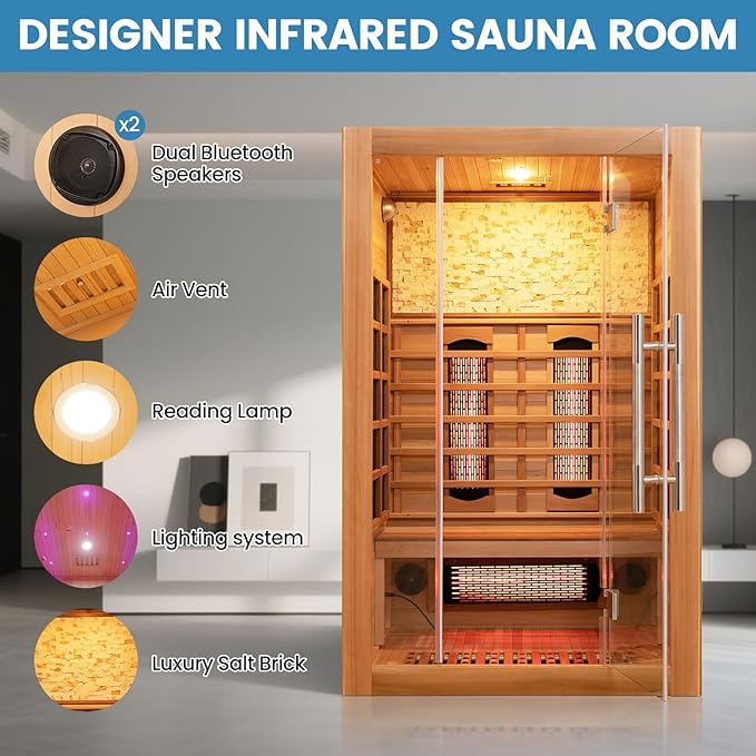 Full Spectrum Infrared Sauna, 2 Person Home Sauna 120V 1750W, Indoor Dry Sauna with Himalayan Salt Panel and LCD Touch Control Panel