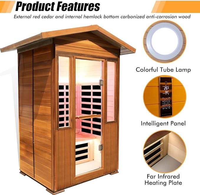 Far Infrared Home Sauna Room,1800W Light Therapy Lamp Dry Saunas for Home,2-3 Person Home Sauna,Red Cedar Corner Sauna Spa with Bluetooth Speaker,for Unwell Men,Women,Elderly