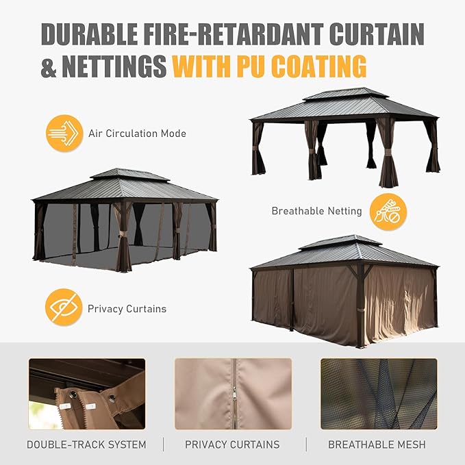 Domi 14' X 20' Hardtop Gazebo Large Outdoor Metal Gazebo with Galvanized Steel Double Roof Canopy, Aluminum Frame, Curtains and Netting for Patio, Deck, Garden, Brown