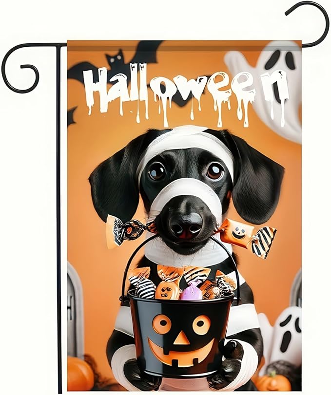 Halloween Garden Flags for Outside 12x18 Inch Double Sided Trick or Treat Dachshund Garden Flag Halloween Dog Skeleton Decorations Small Halloween Outdoor Yard Flag