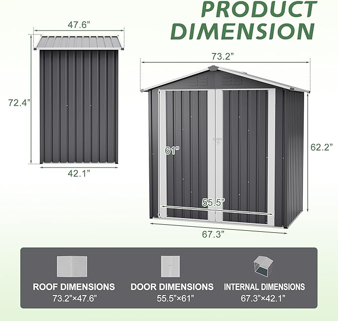 6x4 FT Shed Outdoor Storage Metal Large Garden Tool Sheds with Lockable Doors Slooping Roof Floor Frame Waterproof Steel Utility Equipment Shed for Backyard Patio Lawn Poolside, Grey