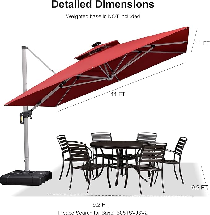 PURPLE LEAF 11 Feet Double Top Deluxe Solar Powered LED Square Patio Umbrella Offset Hanging Umbrella Outdoor Market Umbrella Garden Umbrella, Terra