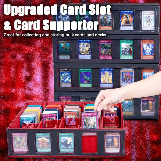 5-Row 3900+ Trading Card Storage Box for MTG, Card Deck Box with Snap-fit Design, 5 Card Sleeves, 10 Stoppers, 80 Dividers and 1 Dice Tray (Black-Red)