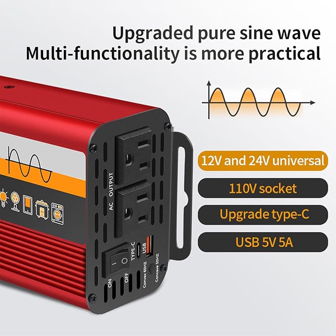 1000W Pure Sine Wave Inverter (2000W Peak), 12V/24V Auto-Detect, 50Hz/60Hz Switchable, LCD Display, Type-C Fast Charging, Silent Design, Overload & Overheat Protection for RV, Home (RED-1000W)