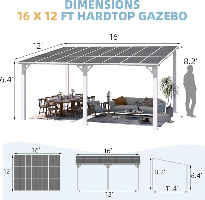 AECOJOY 16' x 12' Gazebo Outdoor Pergola for Patio, White Large Wall-Mounted Hard Top 12x16 Lean to Metal Gazebo Shelter Pergolas and Gazebos Clearance with Patio Roof, Heavy Duty Awnings for Patio