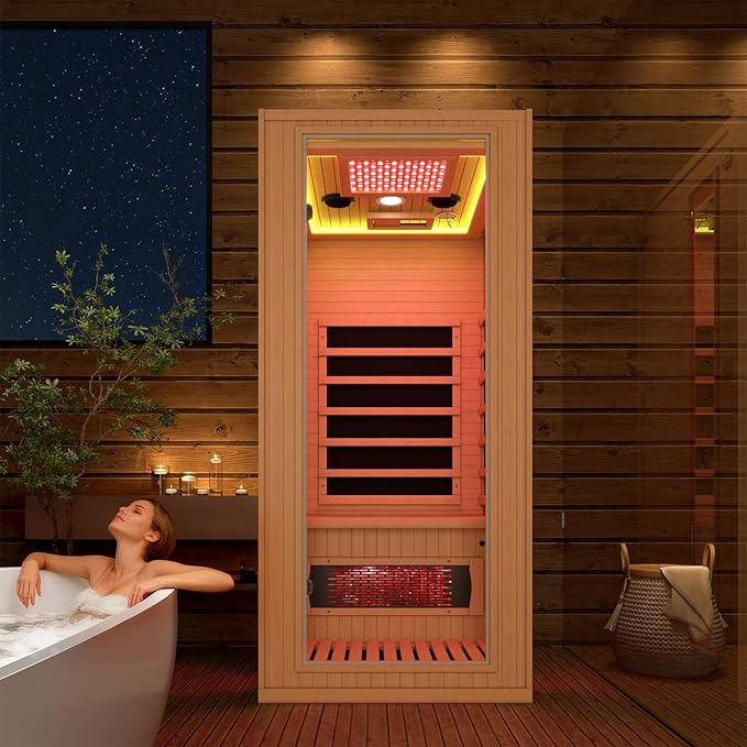 1 Person Infrared Sauna with Red Light Therapy, Full Spectrum Sauna for Home, Indoor Dry Saunas with Rapid Heating 4 Carbon Panels&1 Carbon Tube, Oxygen Bar and 7 Color Therapy Lights, 110V