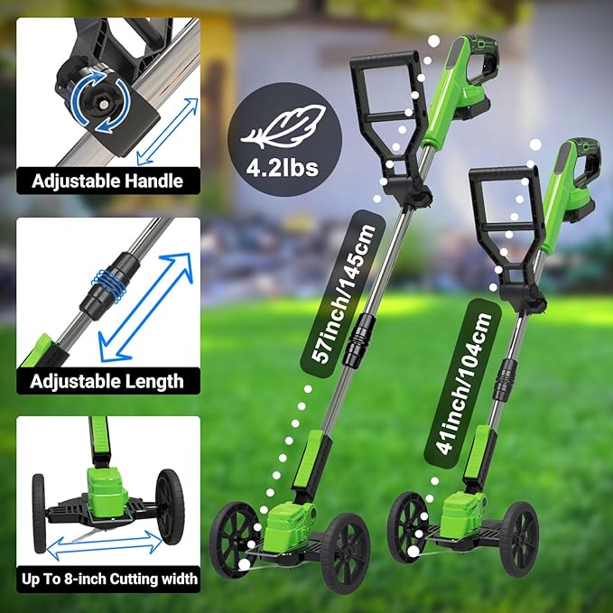 Cordless Weed Wacker Eater Battery Powered, 21V Lightweight Electric Weed Trimmer with 2 Battery Operated & Charger& Wheels & Shears, No-String Grass Trimmer/Brush Cutter/Lawn Edger for Yard Garden