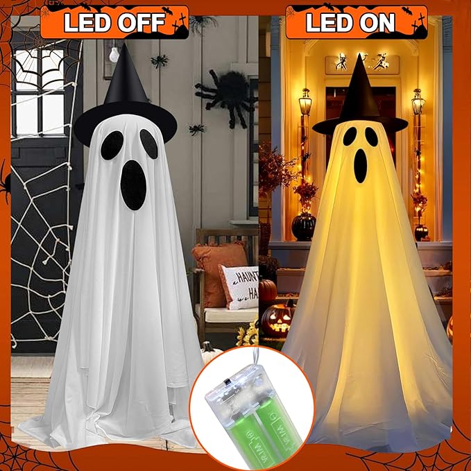Outdoor Halloween Decorations - 2 Pack Light-Up Ghost Decor with Adjustable Height for Outdoor Porch & Yard, Frightening Standing Ghosts with LED Lights - Scare for a Haunted Halloween