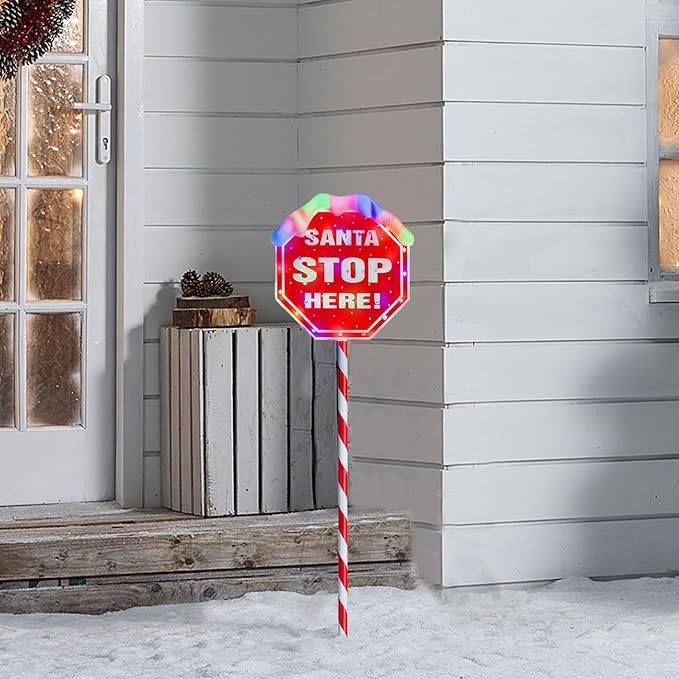 Christmas Santa Stop Here Lights 40-inch Pre-lit Christmas Yard Decorations with 30 Multi-color LEDs Battery Operated 8 Lighting Modes for Xmas Lawn Patio