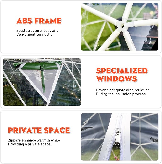 12FT Garden Dome Tent, Geodesic Dome Greenhouse with PVC Clear Cover, Waterproof Garden Bubble Dome Tent House with 2 x 10M Light Strings for Outdoor, Patio, Backyard, Party (Green Edge, 15FT/4.6M)
