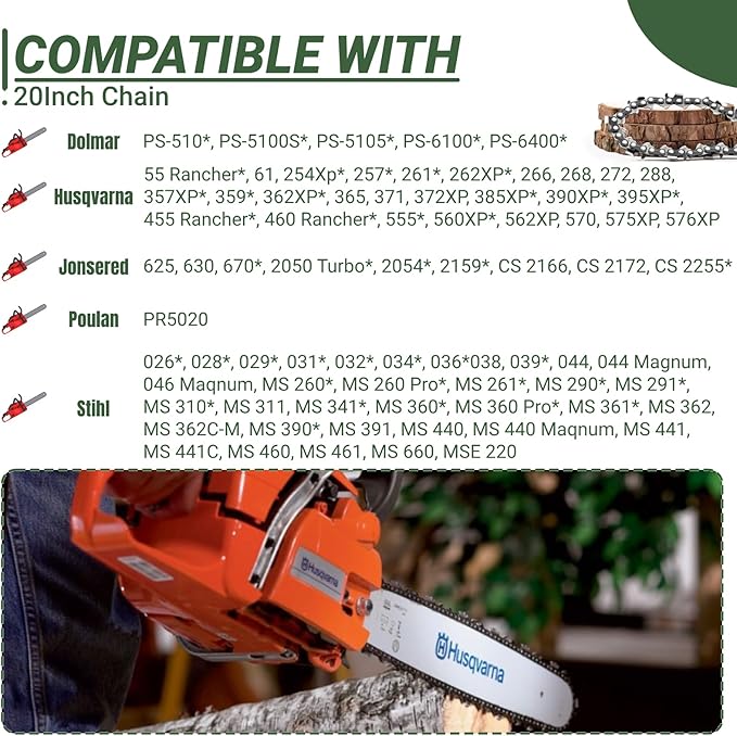 4-Pack 20 Inch Chainsaw Chain,3/8" LP Pitch .050" Gauge 72 Drive Links Compatible with Stihl MS311 MS391, Husqvarna 455(Rancher), Jonsered CS2166, Craftsman, Echo, Poulan, Ryobi, Ego and More
