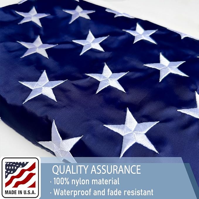 Nylon Embroidered American US Flag 5x8 FT 100% Made in The USA- Heavy Duty Vibrant Colors United States Flag with Embroidered Stars and Sewn Stripes for Home/Company/Indoor Outdoor Decoration (FMAA Certified)