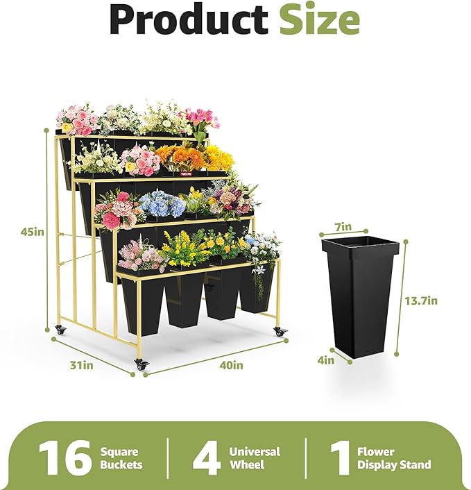 4 Layers Flower Display Stand with Buckets, 16 PCS Buckets Plant Stand with Wheels, Movable Metal Plant Stand for Terrace Garden, Living Room, Florist Shop
