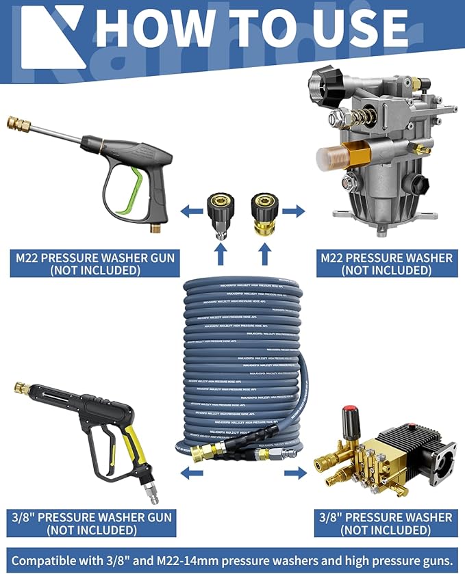 Pressure Washer Hose 125FT 3/8" for Cold and Hot Water 212°F, with Swivel Quick Connect, 4500PSI Kink Resistant Grade Steel Wire Braided, Power Washer Hose With 2pcs M22-14mm Adapter