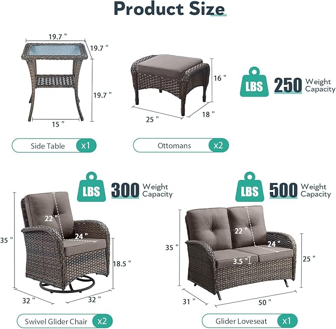 Outdoor Swivel Glider Rocker Chairs Set- 6 Piece Patio Furniture Set with A Glider Loveseat, Tempered Glass Side Table and 2 Ottoman, for Balcony, Porch - Brown Wicker, Grey Cushion