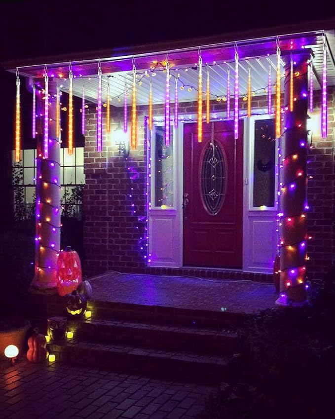 Halloween Lights Outdoor 20 Tubes 480 LED Raindrop Meteor Shower Icicle Lights with Timer Function Cascading Light Falling Rain Light for Halloween Orange Purple