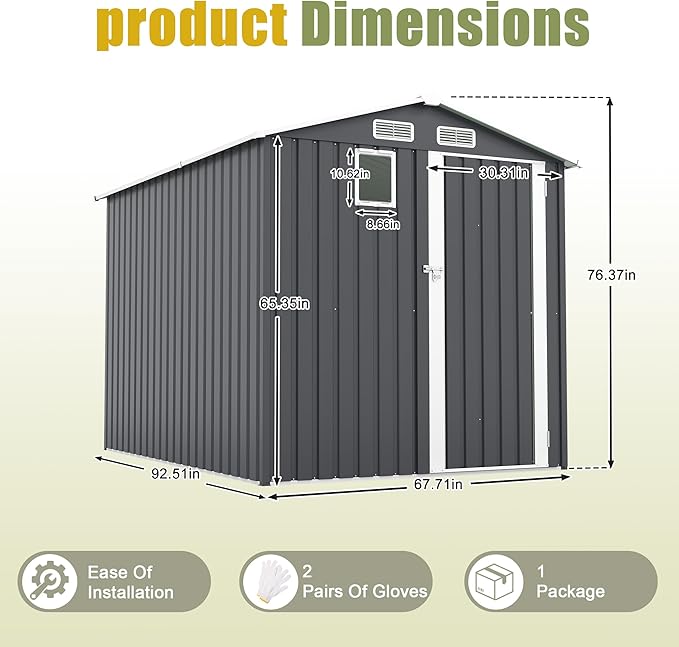 6x8 FT Outdoor Metal Storage Shed with Lockable Door, Steel Garden Utility Shed with Vents and Window, Backyard Patio Tool Shed for Lawn Equipment, Bike, Firewood and Mower Storage, Gray
