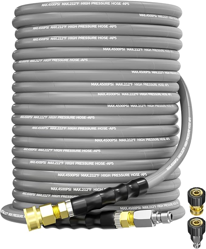 Pressure Washer Hose 100FT 3/8" for Cold and Hot Water 212°F, with Swivel Quick Connect, 4500PSI Kink Resistant Grade Steel Wire Braided, Power Washer Hose With 2pcs M22-14mm Adapter
