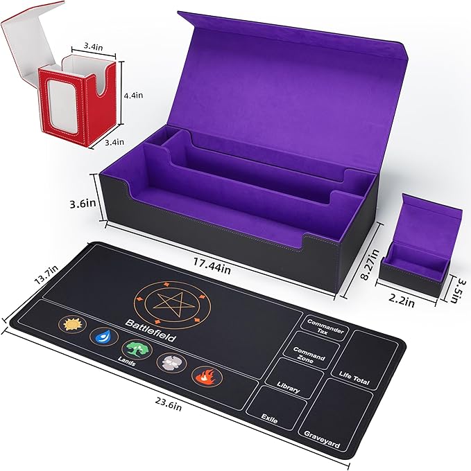 AFIING MTG Deck Box 6 In1 with MTG Playma,Premium Card Storage Box with 5 Pcs MTG Deck Box Holds 2400+ Trading Cards, Large TCG Card Deck Case for Magic Yugioh Sports Cards (Black&Purple)