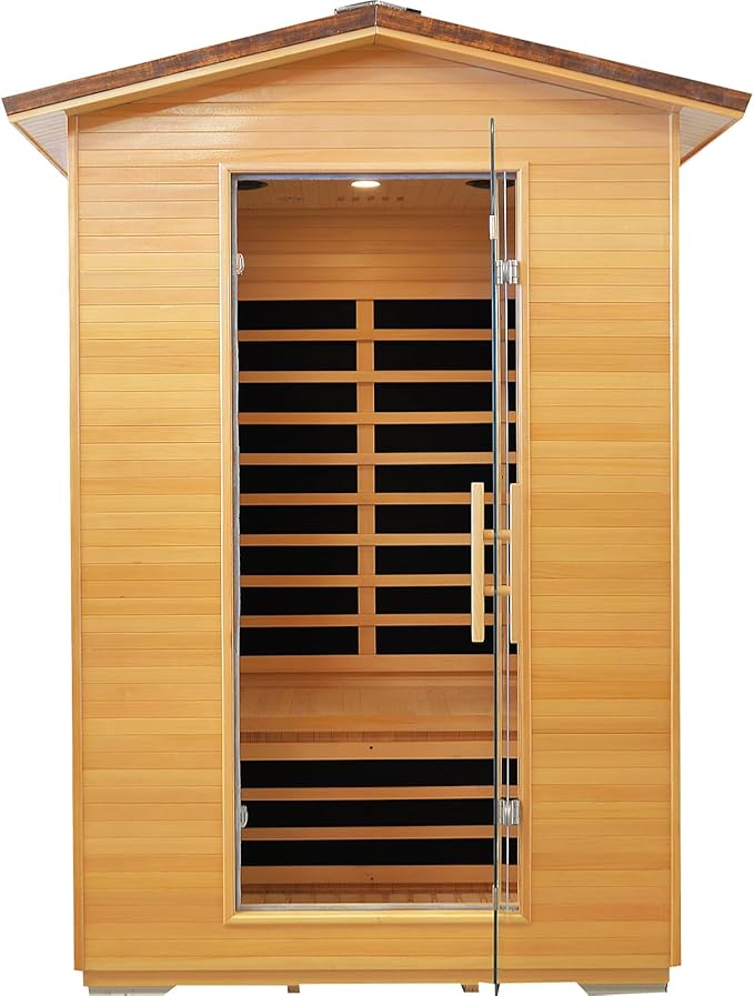 Outdoor Sauna 2 Person Far Infrared Saunas Dry Home Sauna Room Hemlock 1 to 2 Person Wood Sauna 1950W/110V Low EMF with Speaker, Reading Light, Cup Holder and Towel Rack - 47 * 39 * 82 in