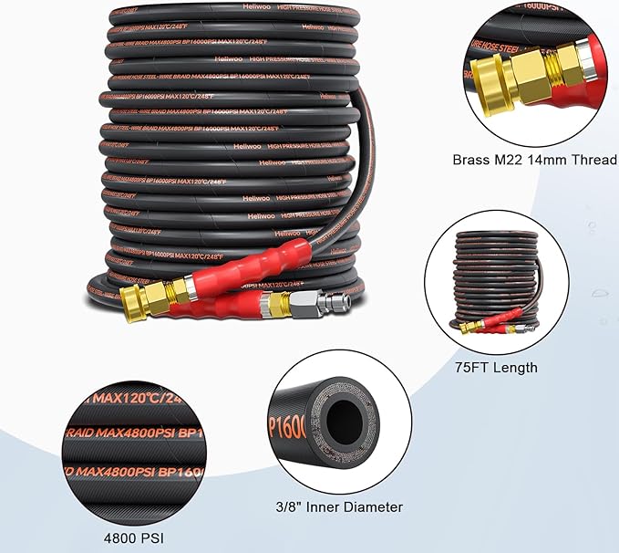 Pressure Washer Hose 75FT, 4800PSI High Tensile Wire Braid Kink Resistant Power Washer Extension Hose, 3/8" Flexible Replacement Hose with 3/8 Quick Connect