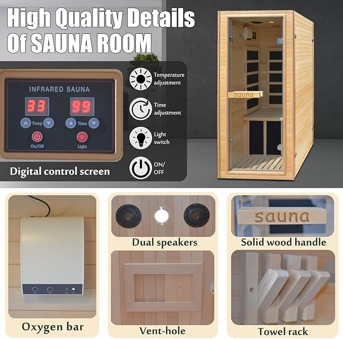 Far Infrared Home Sauna Mini Indoor Dry Personal Sauna Room,Hemlock Wood Sauna,with 1200W 5 Heating Panels, Heating Machine Equipment for Home Workout Yoga,Choice for Family（ 27.16x32.28x59 Inch）