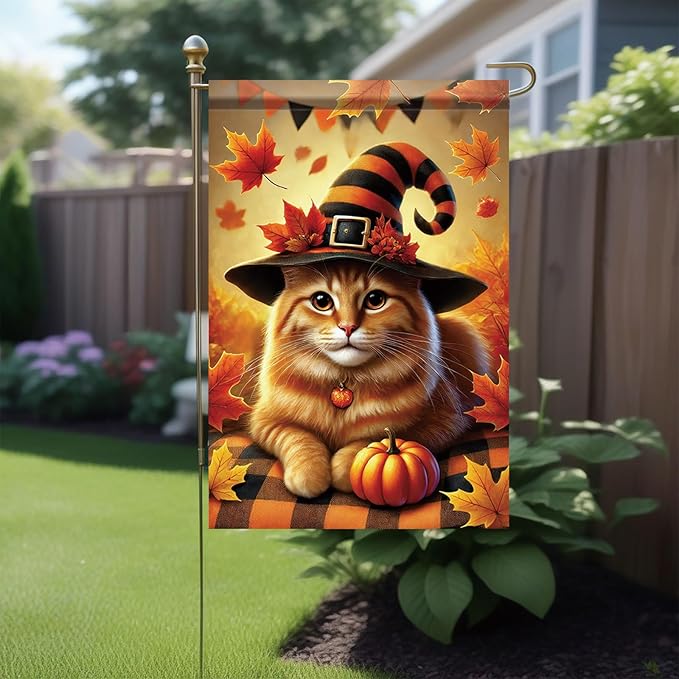 Halloween Fall Garden Flag Orange Cat with Pumpkin Hat Flag 12x18 Inch Double-Sided Autumn Witch Hat Plaid Blanket Yard Banner for Porch Lawn Outdoor Decor Thanksgiving Cat Lovers