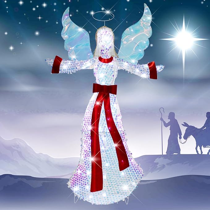 5FT Lighted-up Angel Christmas Decoration, 3D Halo Wings Angel Glitter Decor with LED Lights, Holiday Decorate The Yard Garden Lawn Porch