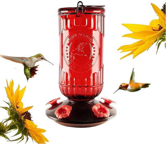 Nature's Rhythm Bird Feeder Vintage Red Antique Glass Bottle Hummingbird Feeder 5 Feeding Ports and 23-Ounce Nectar Capacity Per Feeder