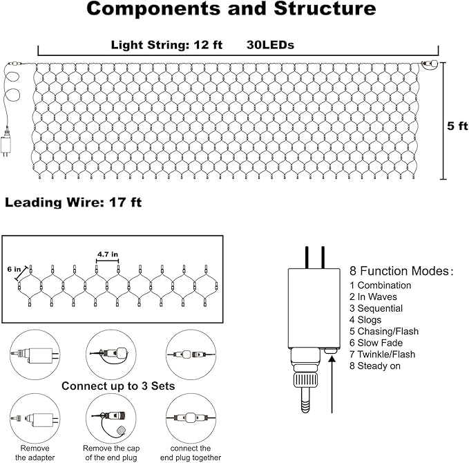 WATERGLIDE Outdoor Christmas Net Lights, 12FT x 5FT 360 LED Mesh String Light with 8 Lighting Modes, Connectable Waterproof Lights for Garden Tree Bushes, Holiday Wedding Party Decorations, Blue