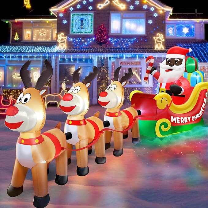 TURNMEON 12 Foot Long Christmas Inflatables Outdoor Decorations Black Santa Claus on Sleigh with Three Reindeer & Gift Box Inflatable Christmas Built-in LED Lights Blow Up Xmas Yard Lawn Garden Decor