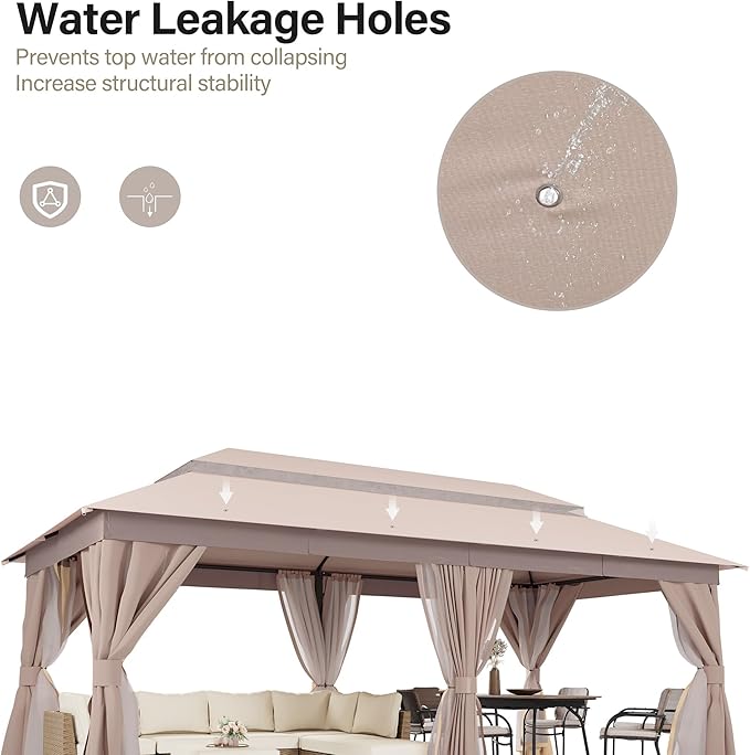 LAUSAINT HOME Outdoor Patio Gazebo 10'x20' with Expansion Bolts, Heavy Duty Party Tent & Shelter with Double Roofs, Mosquito Nettings and Privacy Screens for Backyard, Garden, Lawn, Champagne Khaki