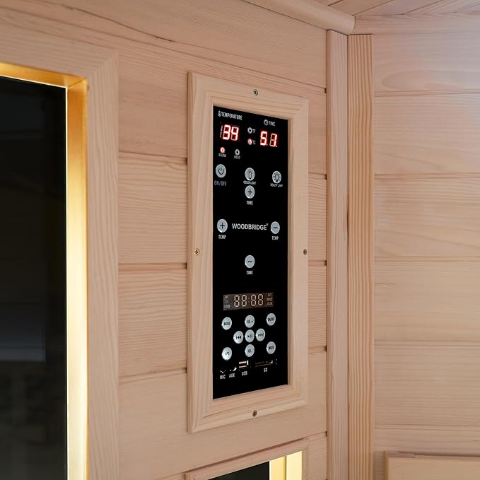 Woodbridge Infrared Sauna Room 2 Person Hemlock Wood Indoor Corner Sauna with 7 Carbon Heaters, Red Light Therapy,Bluetooth Speaker,Intelligent Dual Control System,Tempered Glass,Exterior Brim Light