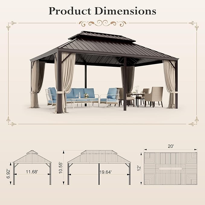 HERA'S HOUSE 12’x20’ Hardtop Gazebo Canopy, Outdoor Galvanized Steel Double Roof Gazebo, Aluminum Frame Pavilion with Netting and Curtains for Patio Lawn Backyard Deck Garden