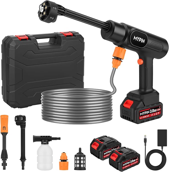 Portable Cordless Pressure Washer, 600 PSI 21V Rechargeable Two Batteries Powered Pressure Washer,6-in-1 Nozzle with Standard Nozzle for Car Floor Wall Fence Cleaning